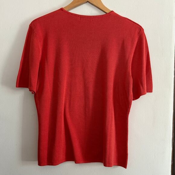 BARRY BRICKEN | 90s Vintage Tomato Red Orange 100% Silk Short Sleeve Sweater XL - Picture 2 of 6
